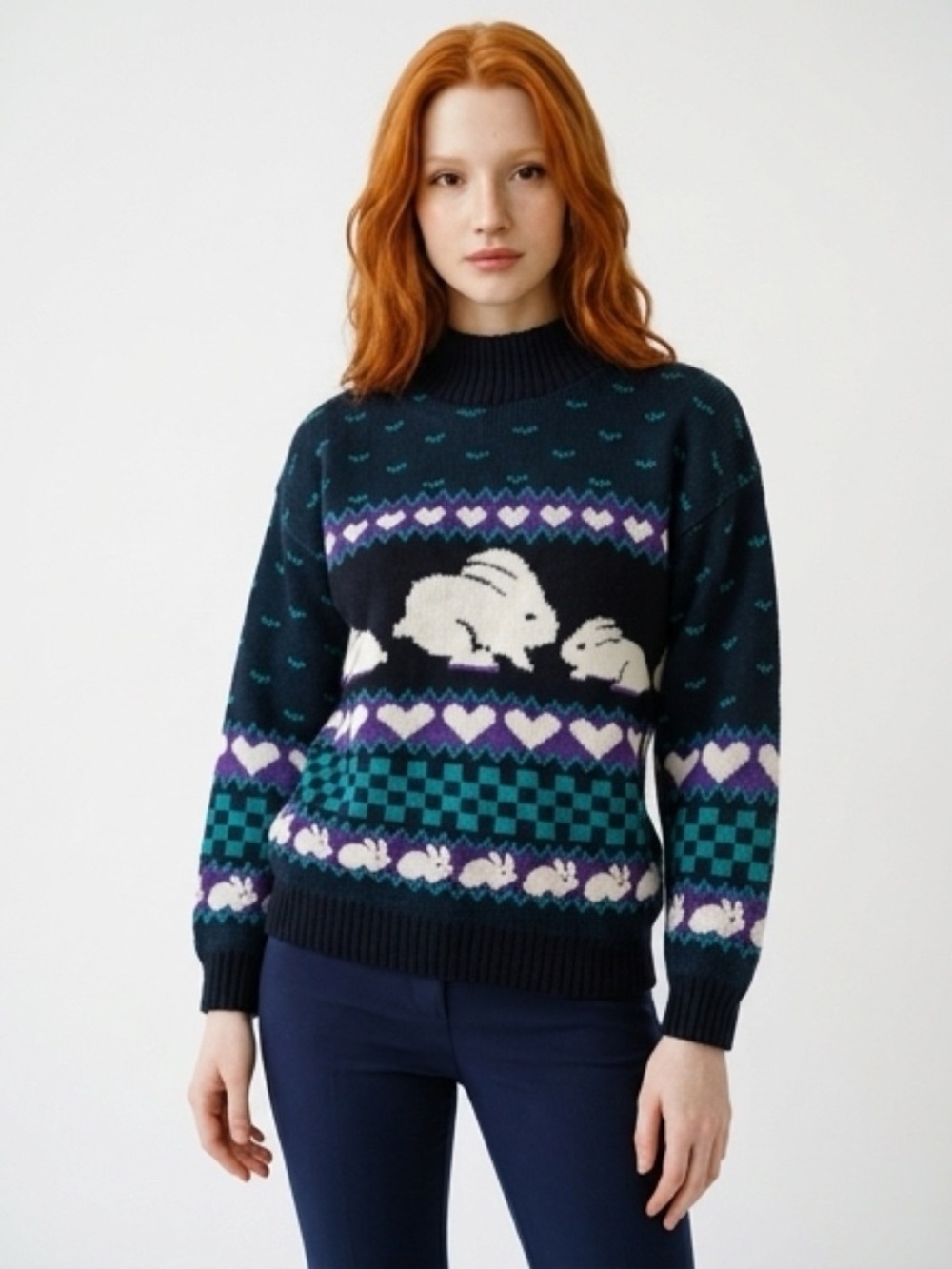Vintage 80s Bunny & Hearts Intarsia Knit 
Sweater by 1980s brand Spunky